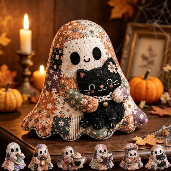 Little Ghost's Cozy Halloween DIY Patchwork Kit, with Pre-Cut Fabric, Stuffing & Accessories, Halloween Decoration & Gift（C）