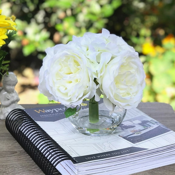 Enova Home Artificial Hydrangea and Peony Mixed Silk Flowers in Clear Glass Vase (Cream)