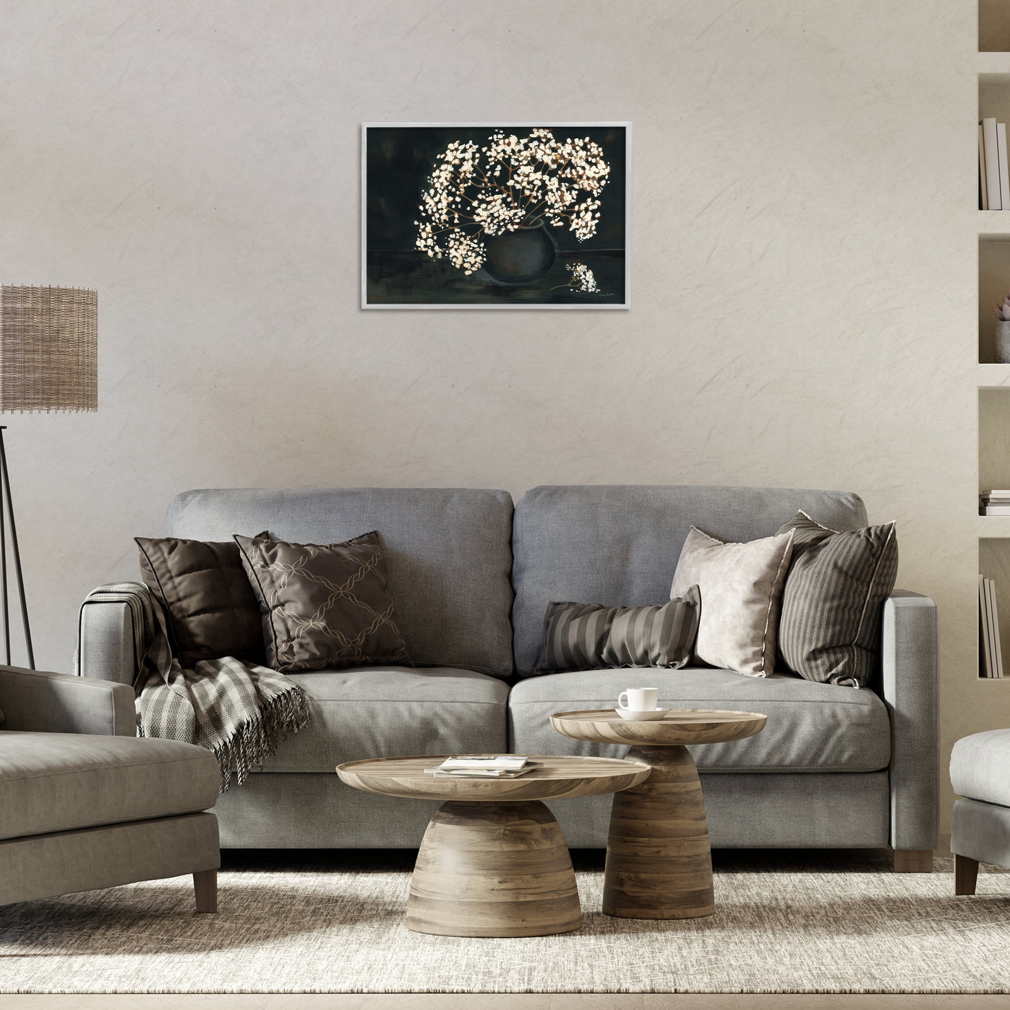 Stupell Industries Baby's Breath on Black Botanical & Floral Painting Gray Framed Art Print Wall Art, 24 x 16