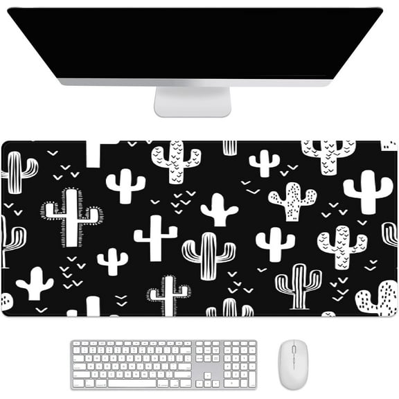 Black and White Western Cactus Desk Mat, Desk Accessory, Cute Workspace, Trendy Workspace, Trendy, 35.4x15.7in Large Gaming Mouse Pad, Cute Desk Topper, Pretty Desk Pad