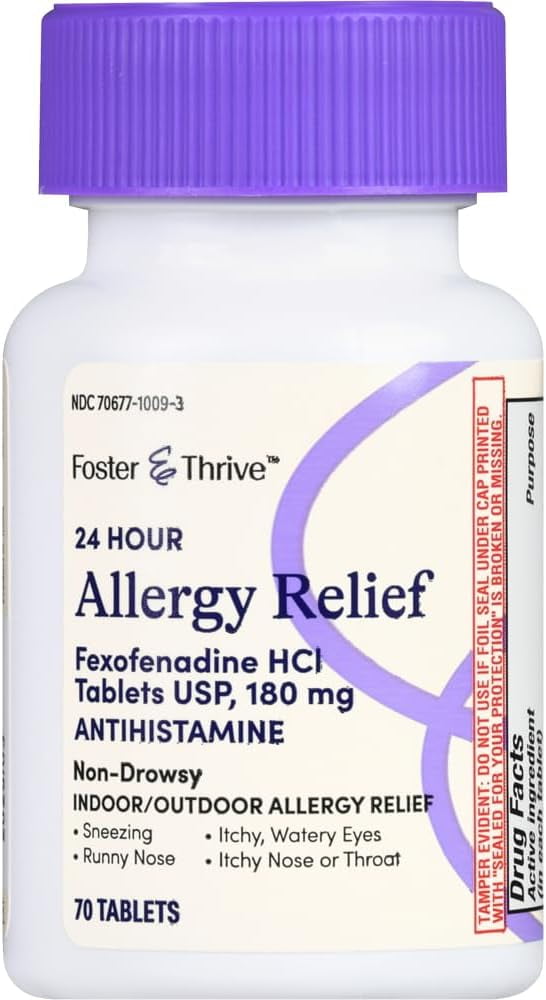 Foster & Thrive 24 Hour Allergy Relief, Non-Drowsy, All Day Rellief of Indoor & Outdoor Allergies, Fexofenadine Hydrochloride 70 Tablets, 180 mg Expire 8/2025