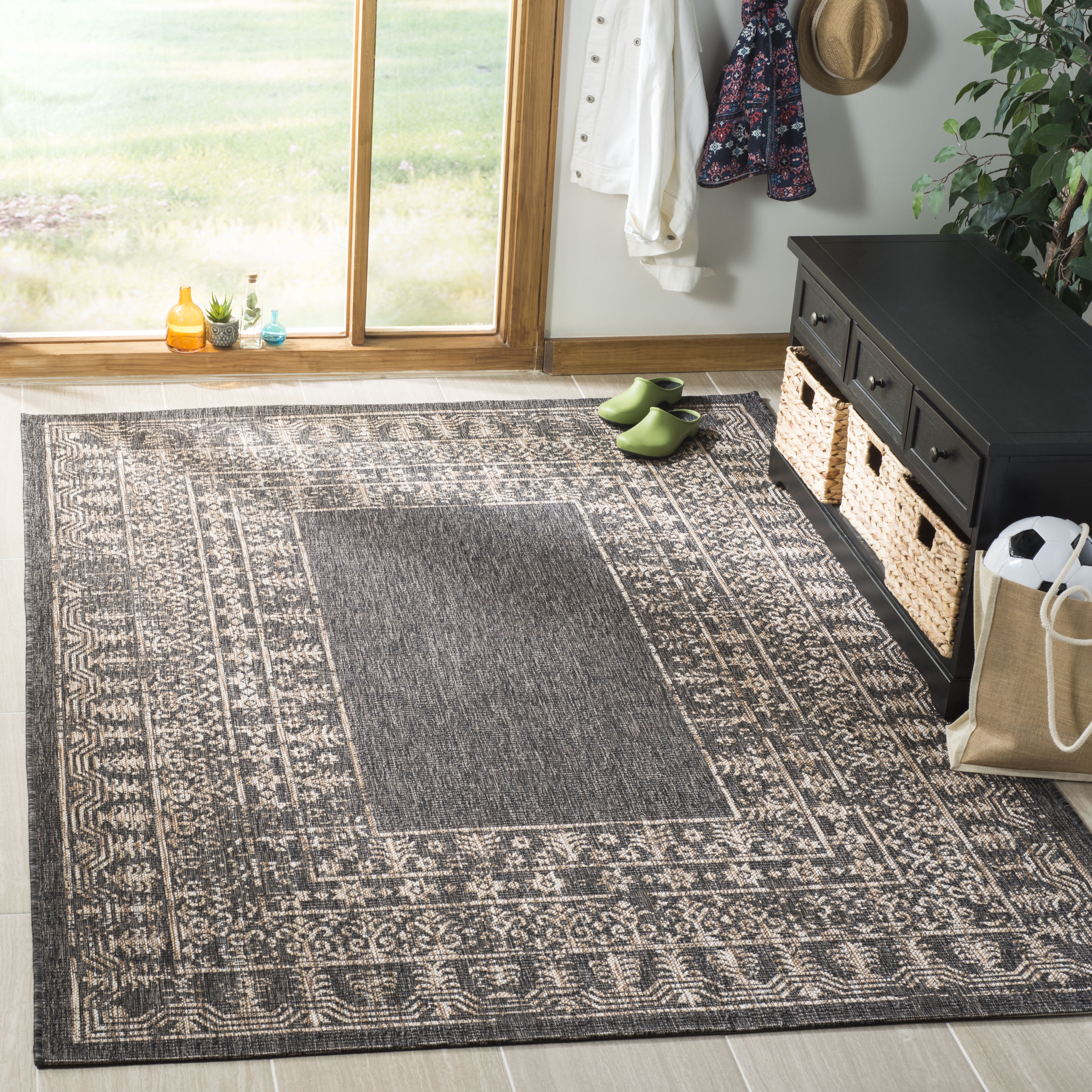 Safavieh Courtyard Jolyon Bordered Indoor/Outdoor Area Rug, Black/Natural, 8' x 11'
