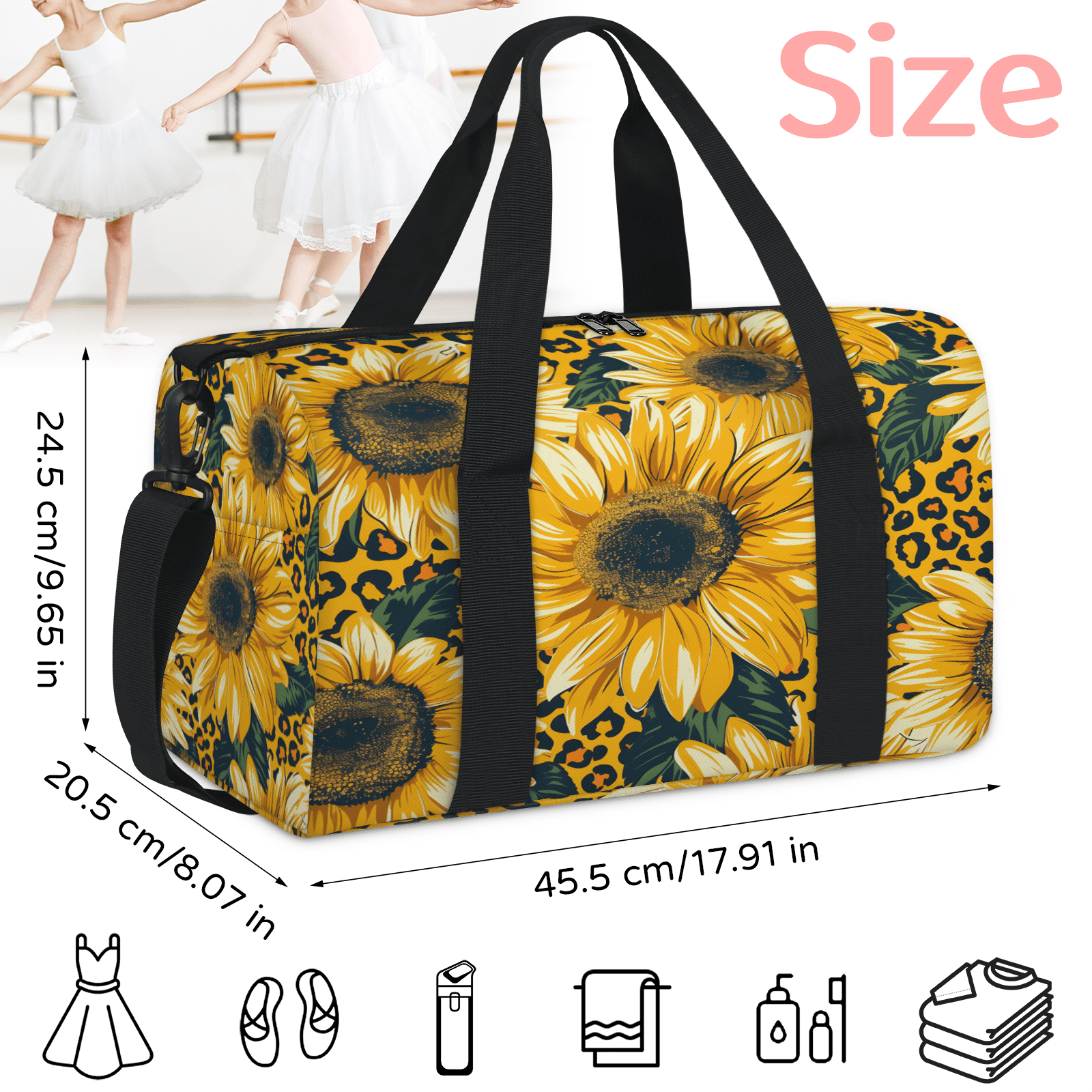 Herdesigns Leopard Print Sunflower Gym Bag for Women, Duffle Bag for Travel Sport, Floral Print Lightweight Waterproof Carry on Weekender Dance Yoga Workout Bags