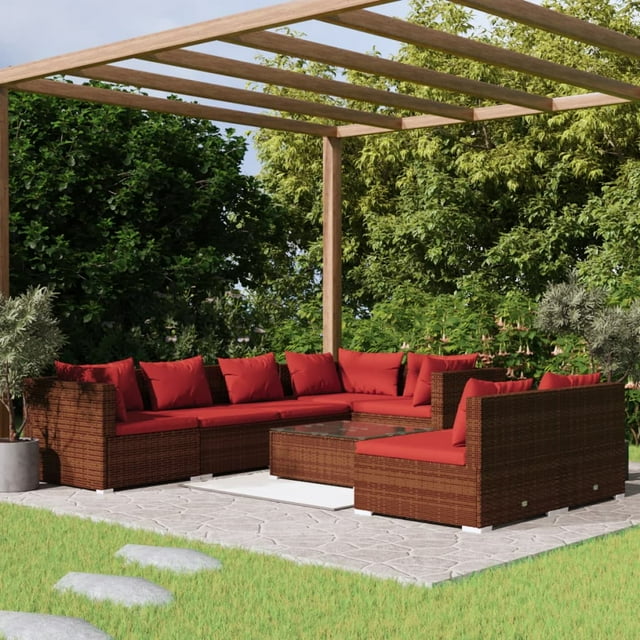vidaXL Ensemble de Salon de Jardin 8 Pcs avec Coussins en Rotin Poly Brun