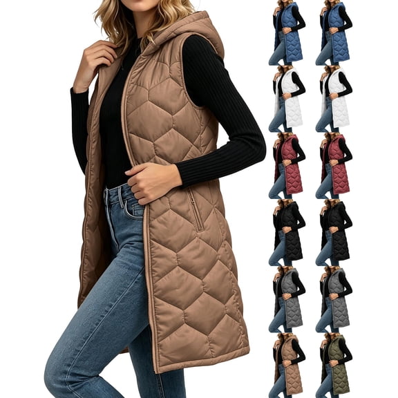 Elvdnee Women's Long Hooded Puffer Vest Sleeveless Stand Collar Down Vest Zip Up, Thick, Winter Coat, Warm Outerwear