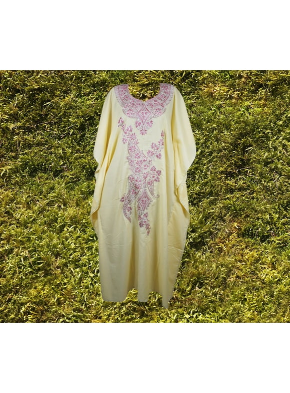 Womens Maxi Kaftan, Gift, cotton Caftan dress, Beige Embroidered dress, Loose dress, One size
