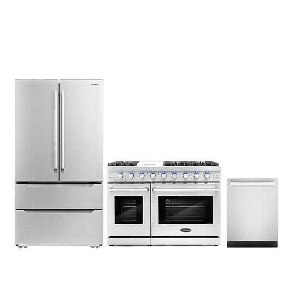 Cosmo 3 Piece Kitchen Appliance Package with 48" Freestanding Dual Fuel Range Kitchen Stove 24" Built-in Fully Integrated Dishwasher & French Door Refrigerator Kitchen Appliance Bundles