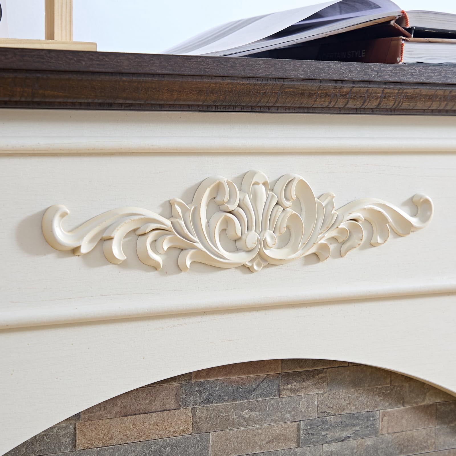 BOSHIRO 44" White Electric Fireplace Mantel with 23" Brick Insert, LED Flame & Heater, Corner TV Stand for Living Room or Bedroom