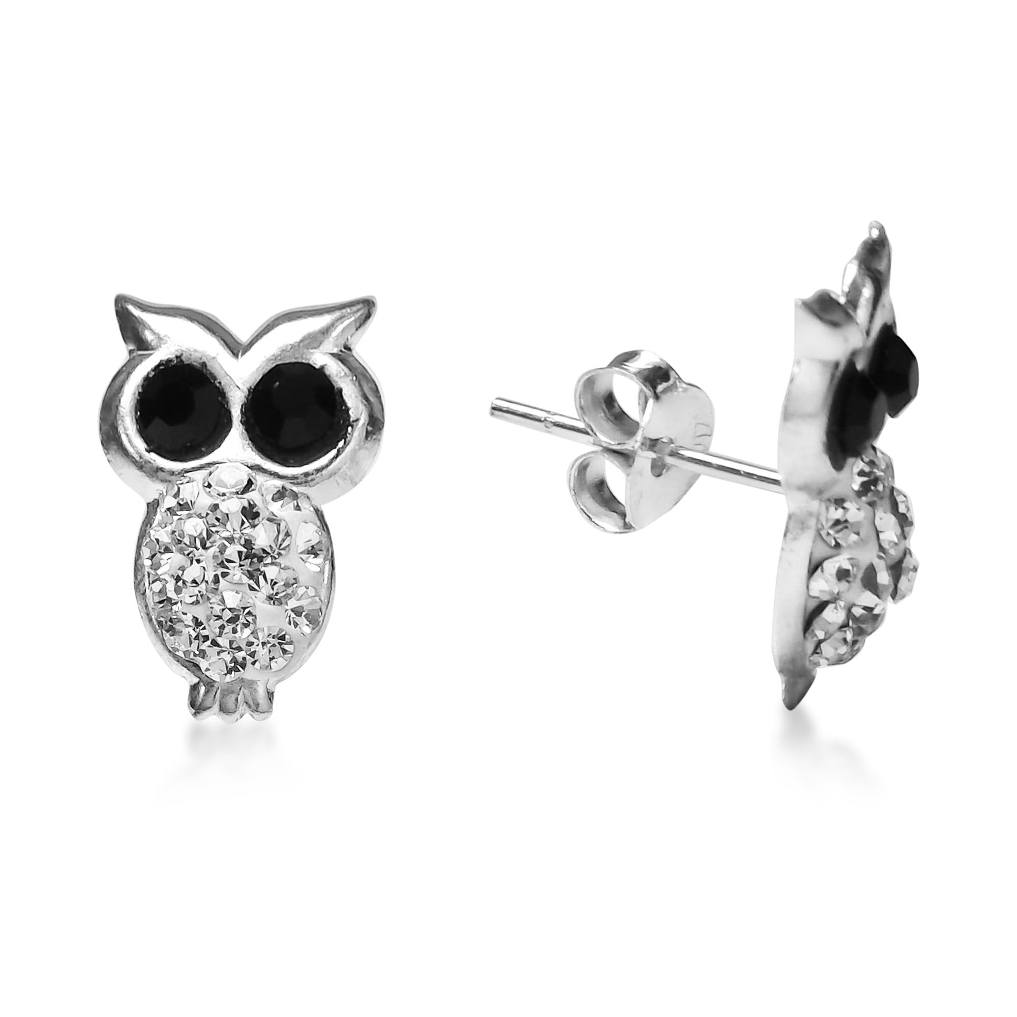 Charm Sparkling Night Owl Cubic Zirconia .925 Sterling Silver Stud Earrings