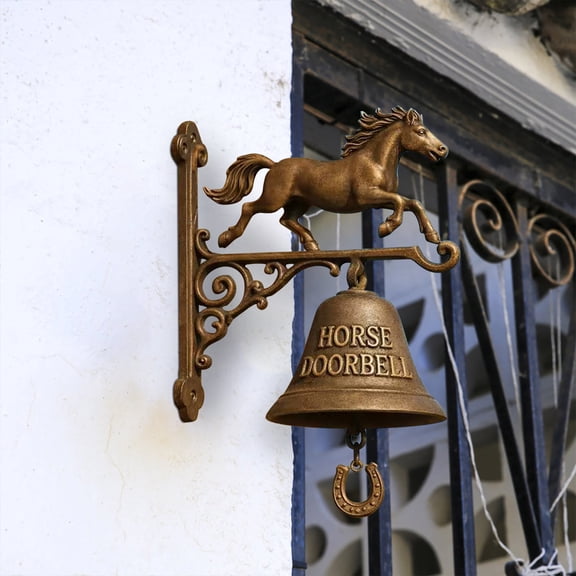 Fmxomd Vintage Horse Iron Dinner Bell as Entry Door Bell, Outside Hanging Decor or Indoor Decoration Wall Mound Antique Farm and Front Gate Bell, Brown