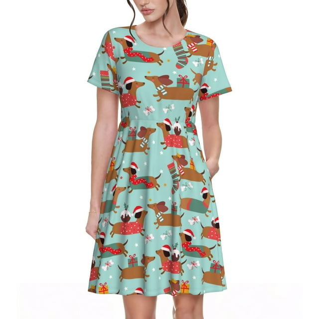 Vsdgher Teckel de Noël pour Femmes Été 2025 Robes Midi Maxi Décontractées Légères Manches Courtes Col Rond Robe de Plage