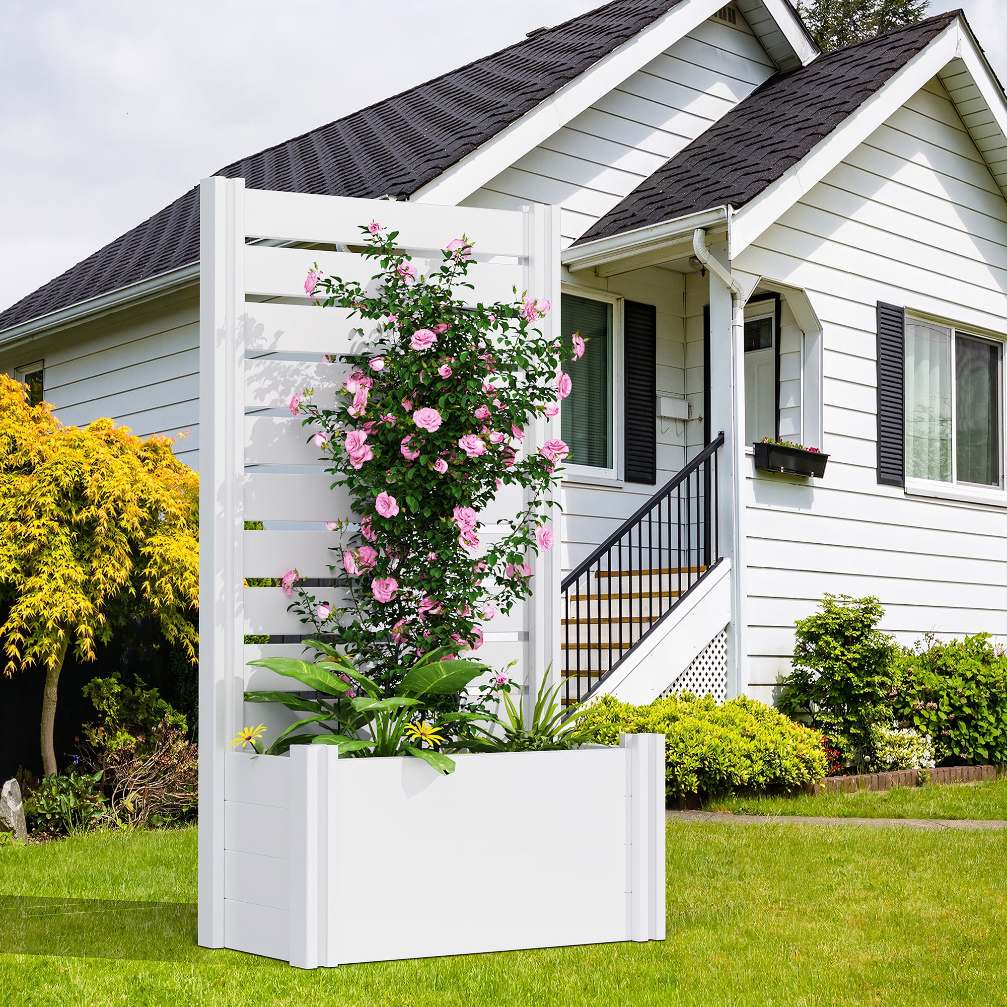 MAYEERTY 2-Piece Outdoor White PVC Rectangular Planter Box with Trellis for Climbing Plants, Raised Garden Bed