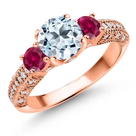 Gem Stone King 18K Rose Gold Plated Silver Sky Blue Topaz Red Created Ruby and White Moissanite Engagement Ring for Women (2.28 Cttw, Gemstone November Birthstone, Round 7MM and 4MM, Size 9)