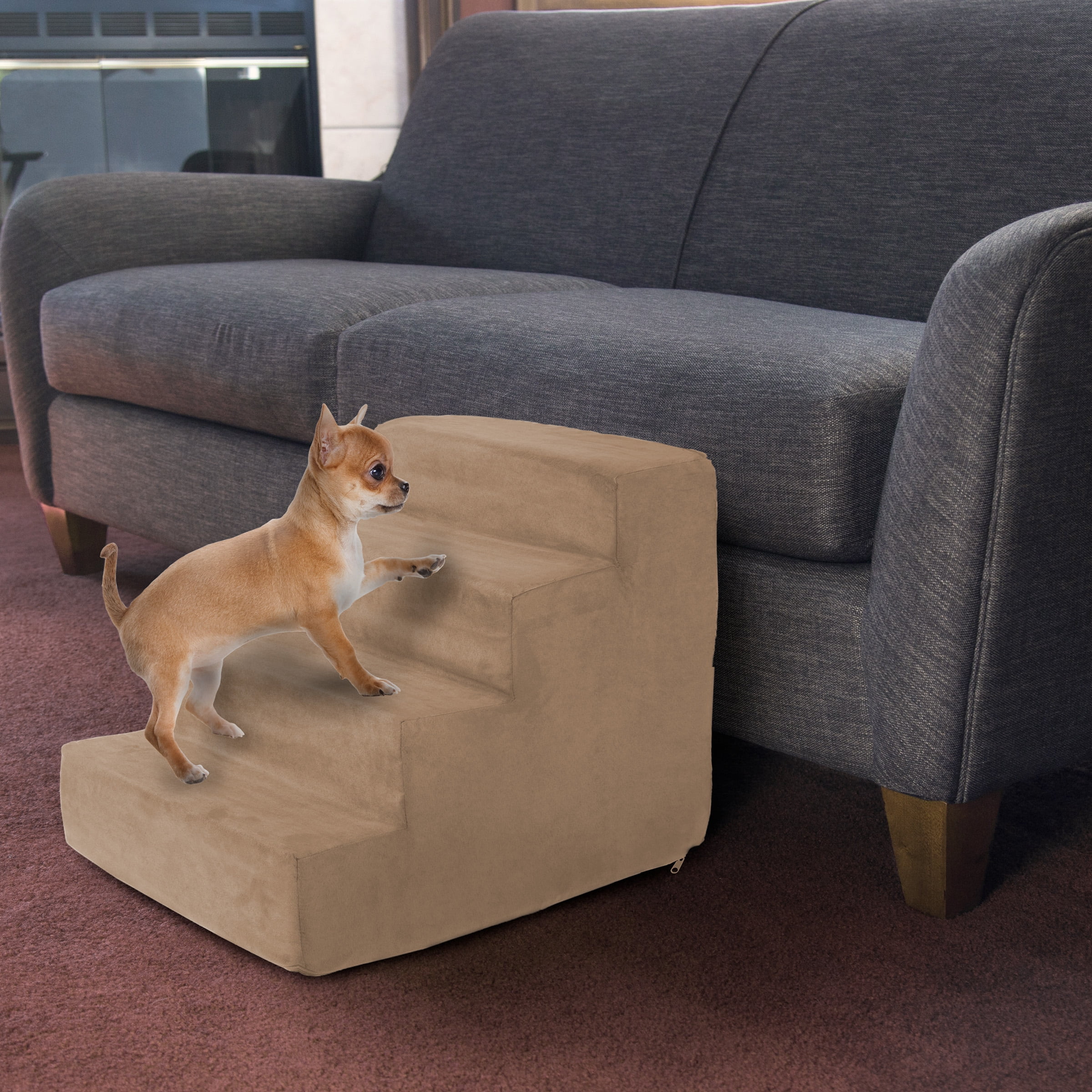 Pet Stairs - Foam Steps for Small Dogs or Cats - 4-Step Design with Removable Cover - Non-Slip Dog Staircase for Home and Vehicle by PETMAKER (Tan)