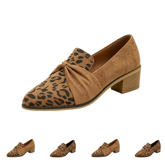Dweltoz Women's Leopard Print Pointed Toe Loafers Twist Knot Slip On Mid Heel Dress Shoes Casual Office Block Heel Footwear,Brown 8.5
