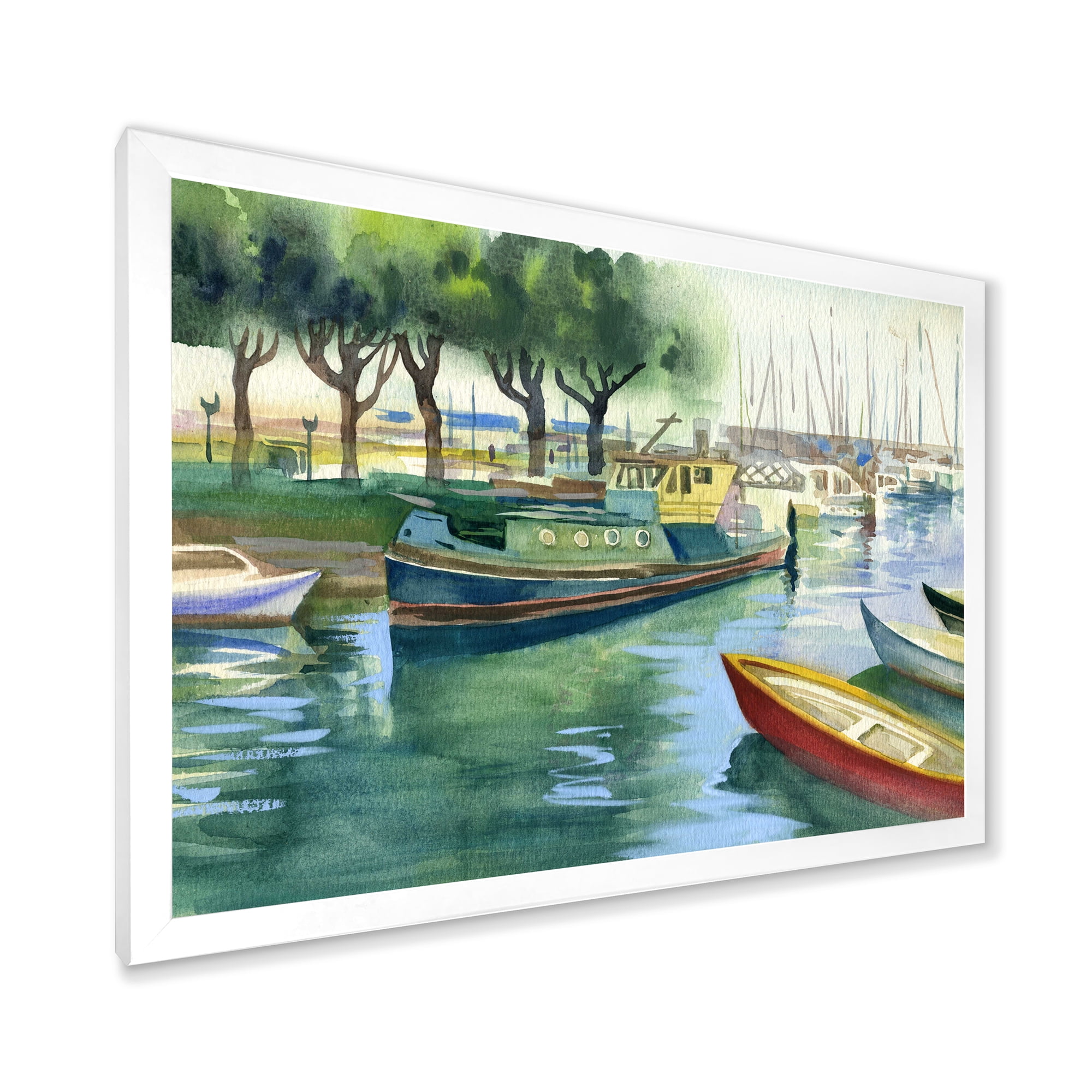 Boats At The Lake in Green Spring 32 in x 16 in Framed Painting Canvas Art Print, by Designart