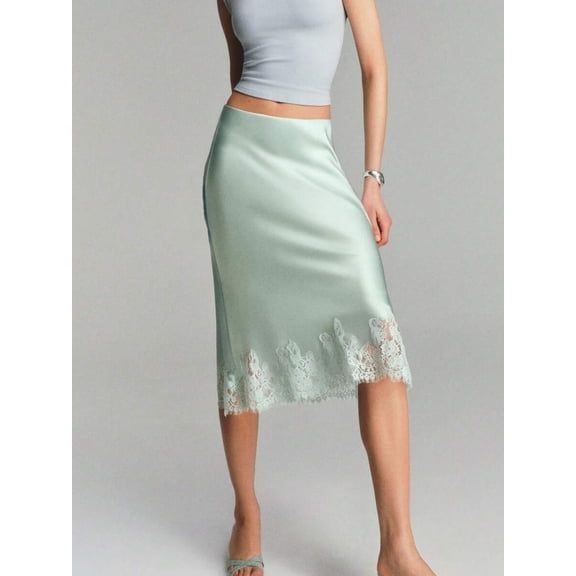Mint Green Lace-Trimmed Satin Midi Skirt Elastic Waist Slip Style A-Line For Party Beach Streetwear