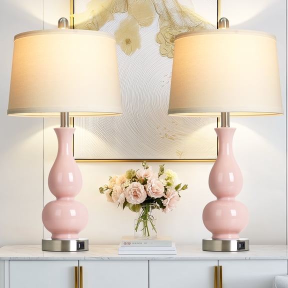 Lolikit Table Lamps Set of 2 Modern Pink Ceramic Bedside Lamps for Bedroom Living Room with USB A C Ports