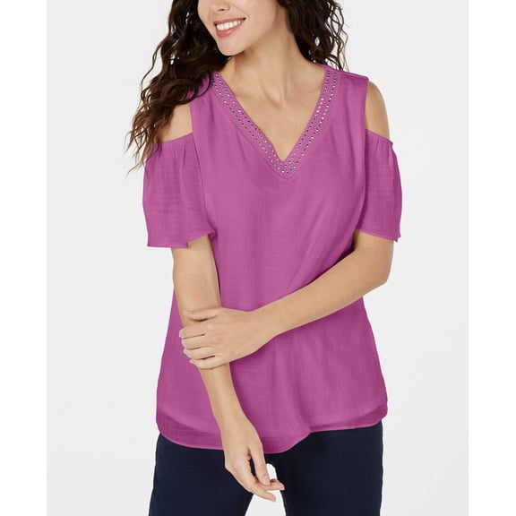 JM Collection Women's Petite Embellished Cold-Shoulder Top Pink Dahlia Size PM