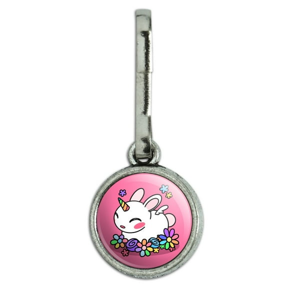 Cute Unicorn Bunny Rabbit with Rainbow Flowers Antiqued Charm Clothes Purse Suitcase Backpack Zipper Pull Aid