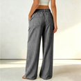 thumbnail image 6 of Fashion Striped Linen Pants for Women High Waisted Straight Leg Palazzo Trousers Casual Wide Leg Pant with Pockets, 6 of 7