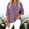 thumbnail image 4 of Craaazy Women Plus Size Tops Loose Fit Solid Color V Neck Button Detail Long Sleeve Cotton Tops for Vacation Gift, 4 of 9