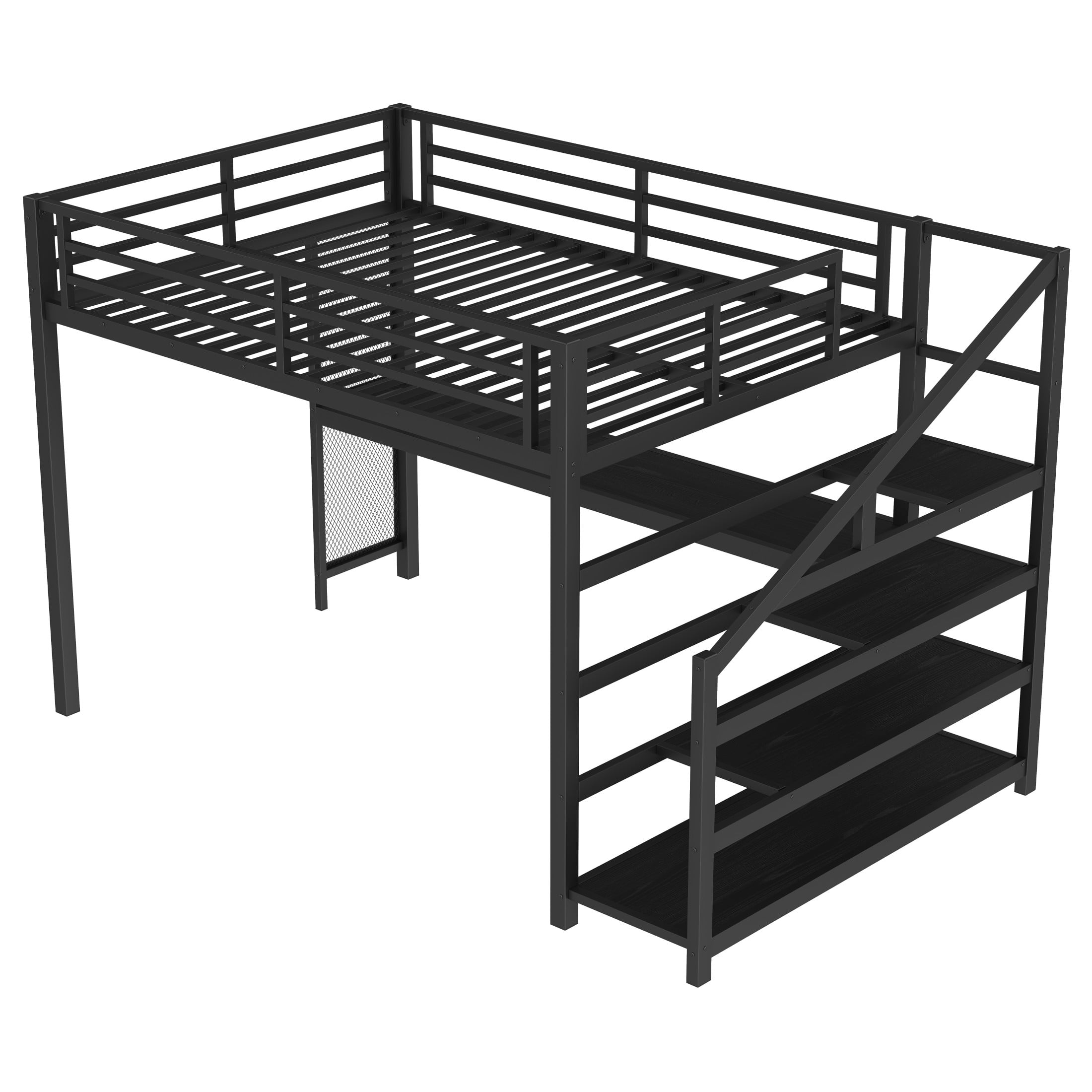 Aukfa Queen Size Metal Loft Bed with Desk and Storage Stairs, Heavy-Duty Bed Frame with USB Ports & LED Lights for Teens, Kids & Adults, Black