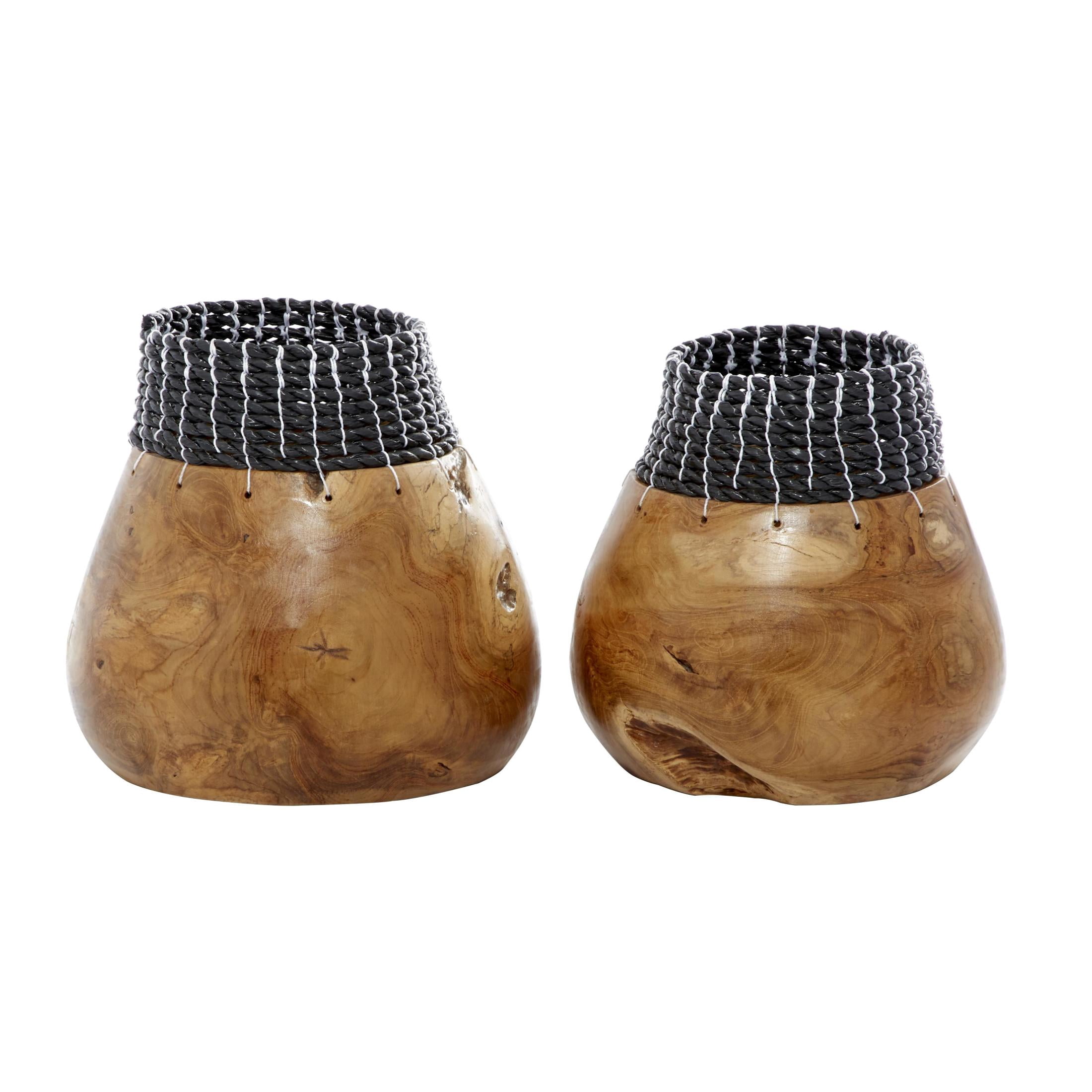 DecMode 10", 9"H Handmade Brown Wood Vase with Black Seagrass Accents, Set of 2