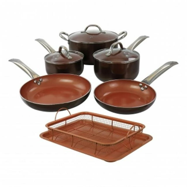 Copper Pan Cooking Excellence Ensemble de 10 Pcs en Aluminium Antiadhésif, Cuivre