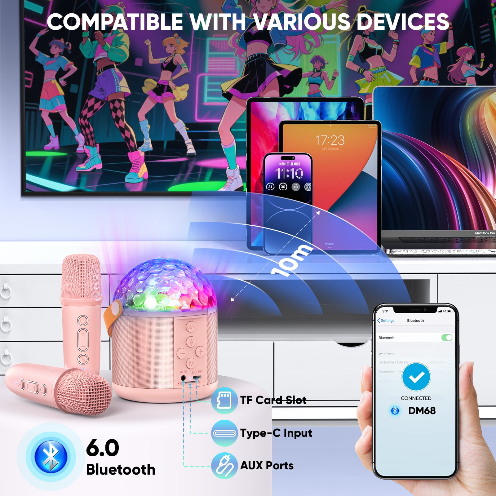 Mini Karaoke Machine for Kids, Gifts for Girls Ages 3-12, Bluetooth Speaker with 2 Wireless Karaoke Microphones, Gifts for 3+ Kids Adults