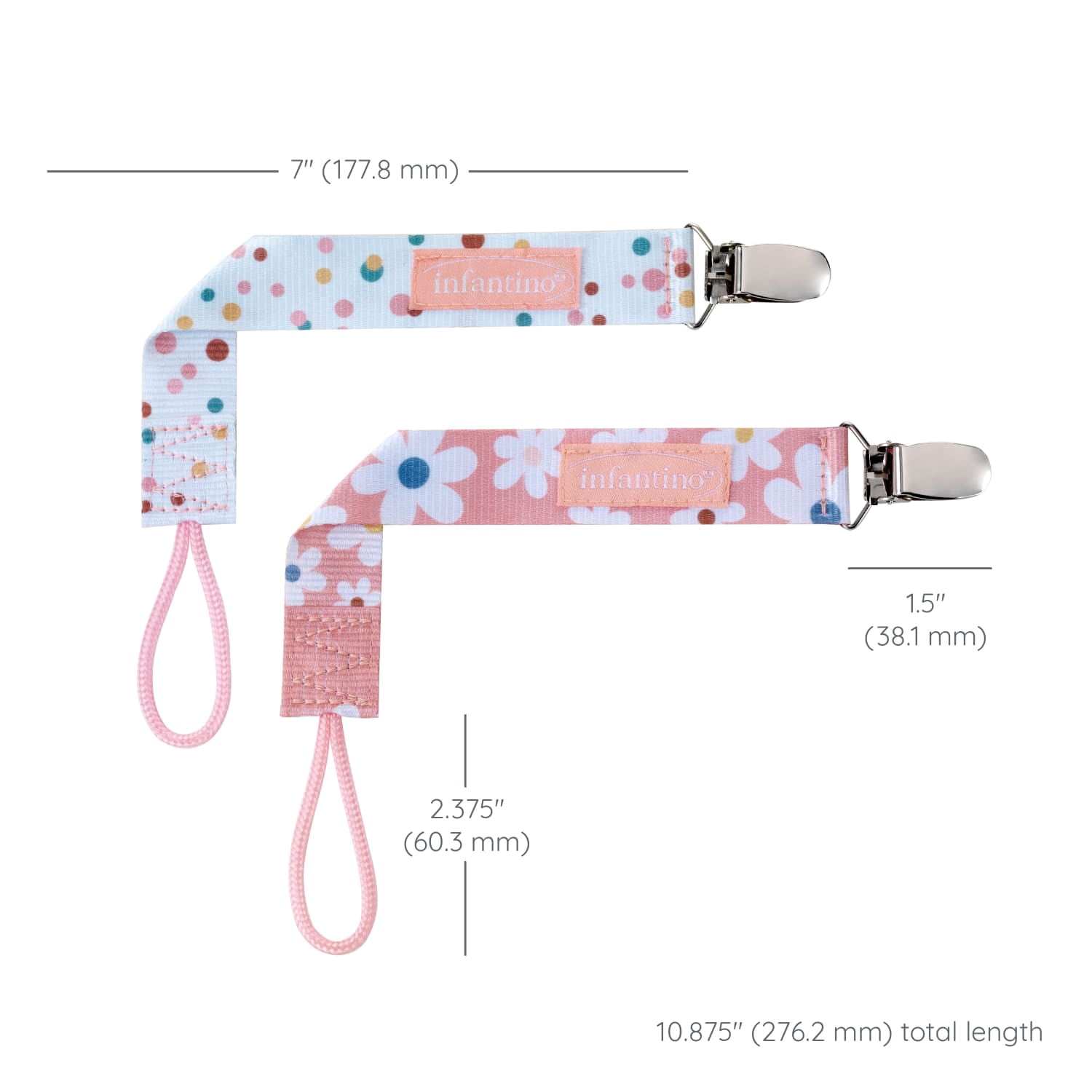 Infantino Pacigrip Universal Pacifier Clips for Infant & Toddler, Bubbly Pink Daisy, 2-Pack
