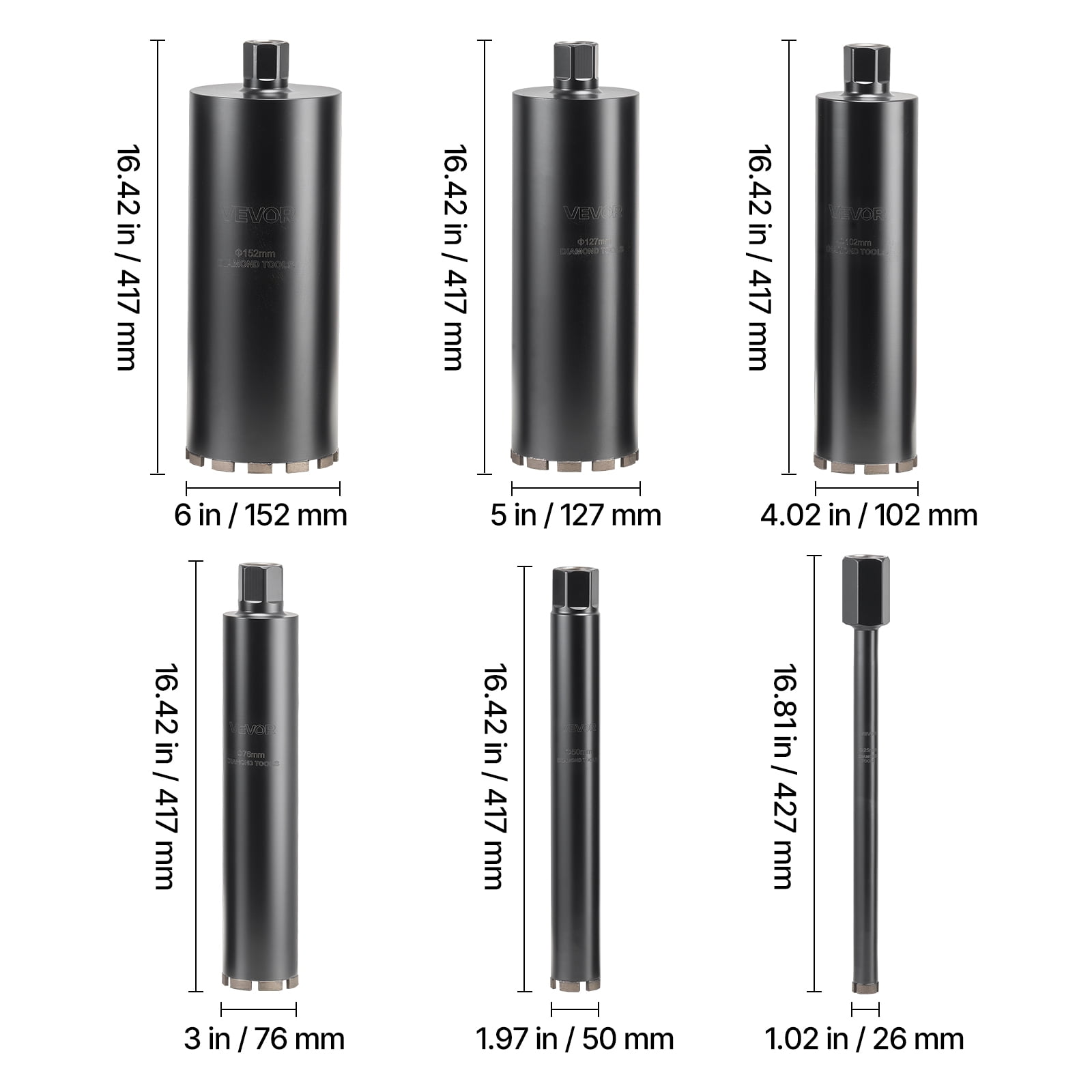 VEVOR Core Drill Bit, 6 Pieces, 1/2/3/4/5/6 inch Diameter, 14 in Drilling Depth, 1-1/4 in-7 Internal Thread, High-Precision Welding, Wet Diamond Core Bit for Reinforced Concrete, Bricks, and Masonry