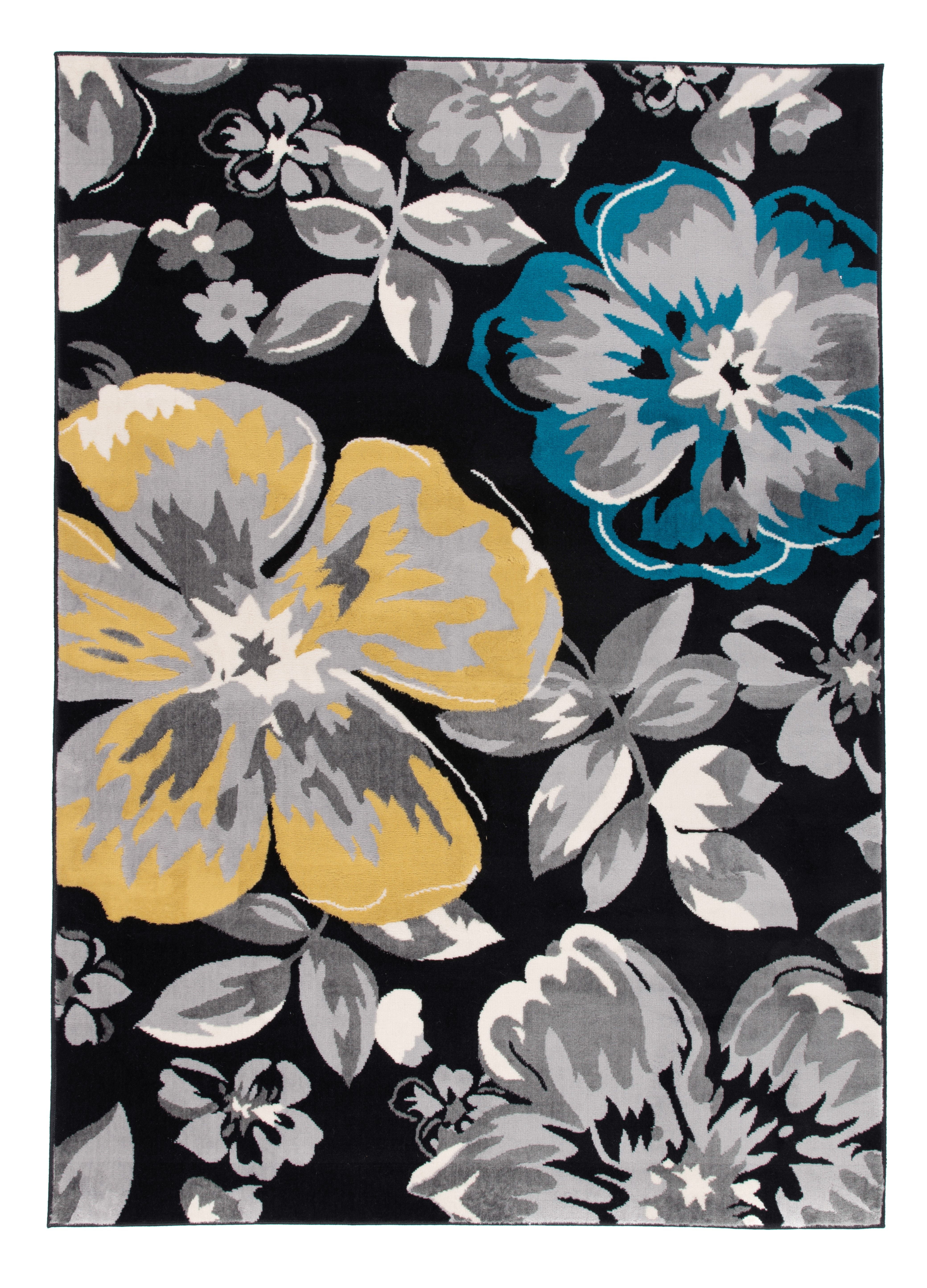 Modern Floral Design Black 10'x14' Area Rug