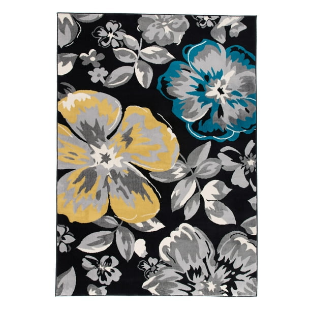 Modern Floral Design Black 10'x14' Area Rug