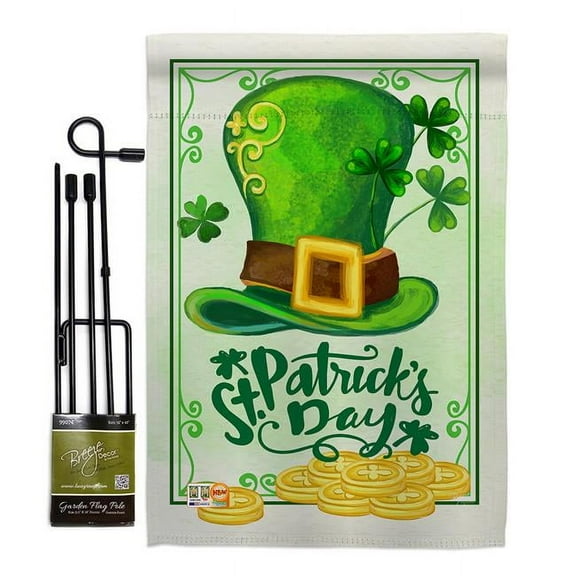 Breeze Decor BD-SA-GS-102033-IP-BO-D-US17-BD 13 x 18.5 in. Lucky Hat St Pat Day Spring Patrick Impressions Decorative Vertical Double Sided Garden Flag Set with Banner Pole