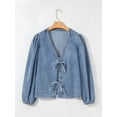 thumbnail image 4 of Women Cute Tie Front Long Puff Sleeve Denim Top V Neck Summer Going Out Tops  Blue M, 4 of 6