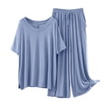 thumbnail image 1 of Womens Modal Pajamas Two Piece Sleepwear Set Short Sleeve Tops Long Wide Leg Pants Fall Summer Pjs Pajamas Light Blue, L, 1 of 3