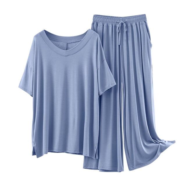 Womens Modal Pajamas Two Piece Sleepwear Set Short Sleeve Tops Long Wide Leg Pants Fall Summer Pjs Pajamas Light Blue, L