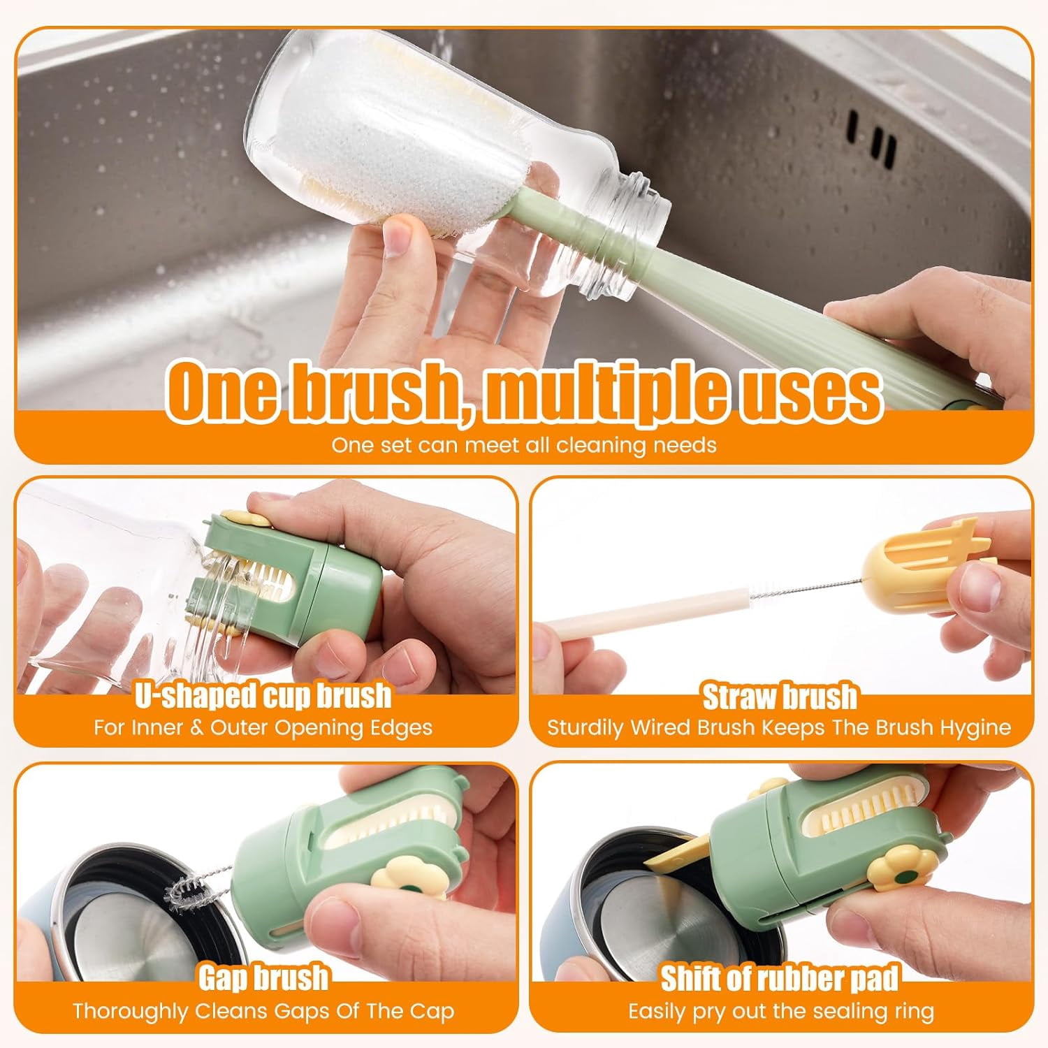 2Pcs 5 in 1 Water Bottle Cleaning Brush Set, Multifunctional Baby Bottle Scrubber Brush Removable Cup Mouth Straw Gap Cleaner Tool for Home Kitchen