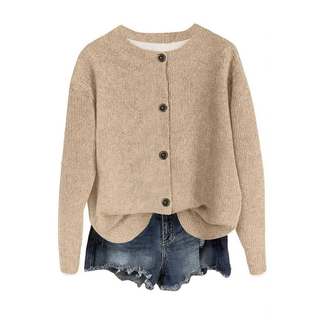 Lmnyox Button Down Cardigan for Women Solid Long Sleeve Crew Neck Knit Tops Fall Winter Fashion Sweaters