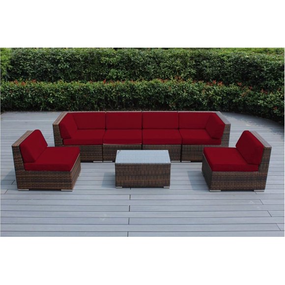 Ohana 7-Piece Outdoor Patio Furniture Sectional Conversation Set, Mixed Brown Wicker with Sunbrella Red Cushions - No Assembly with Free Patio Cover