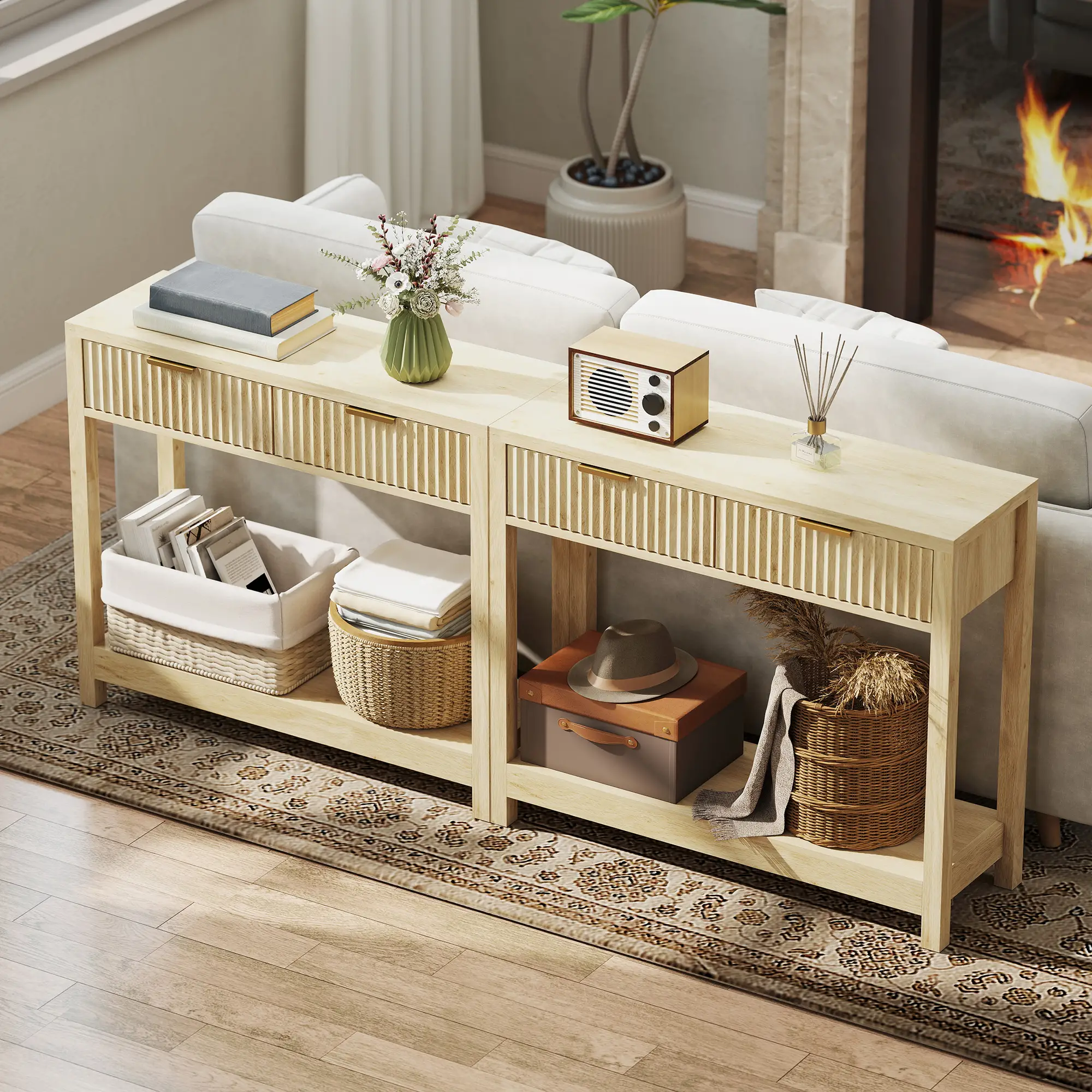 Natural Wood Console Table with 2 Fluted Drawers and Open Shelves, Modern Entryway Table with Anti-Tip Kit for Hallway Living Room Bedroom