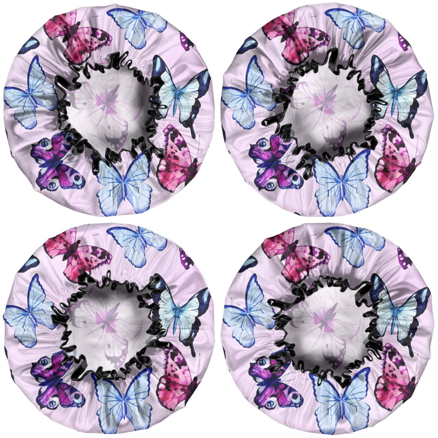 Shower Caps,Pink Butterfly Pattern Waterproof Shower Cap for Women 4 Pieces,Double Reusable Hair Cover for Shower PEVA Elastic Stretch Hem
