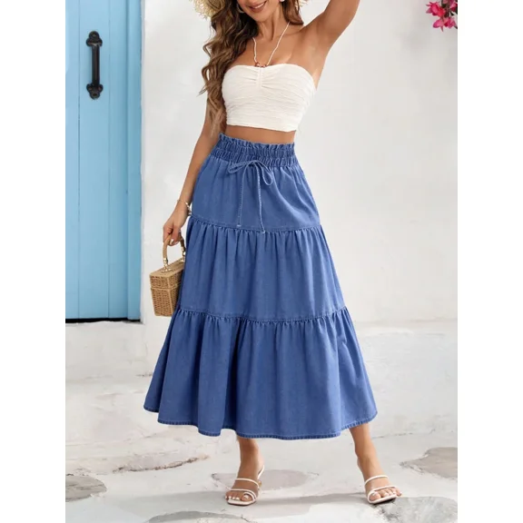 Womens Tiered Elastic Waist Denim Skirt Medium Wash Casual Maxi