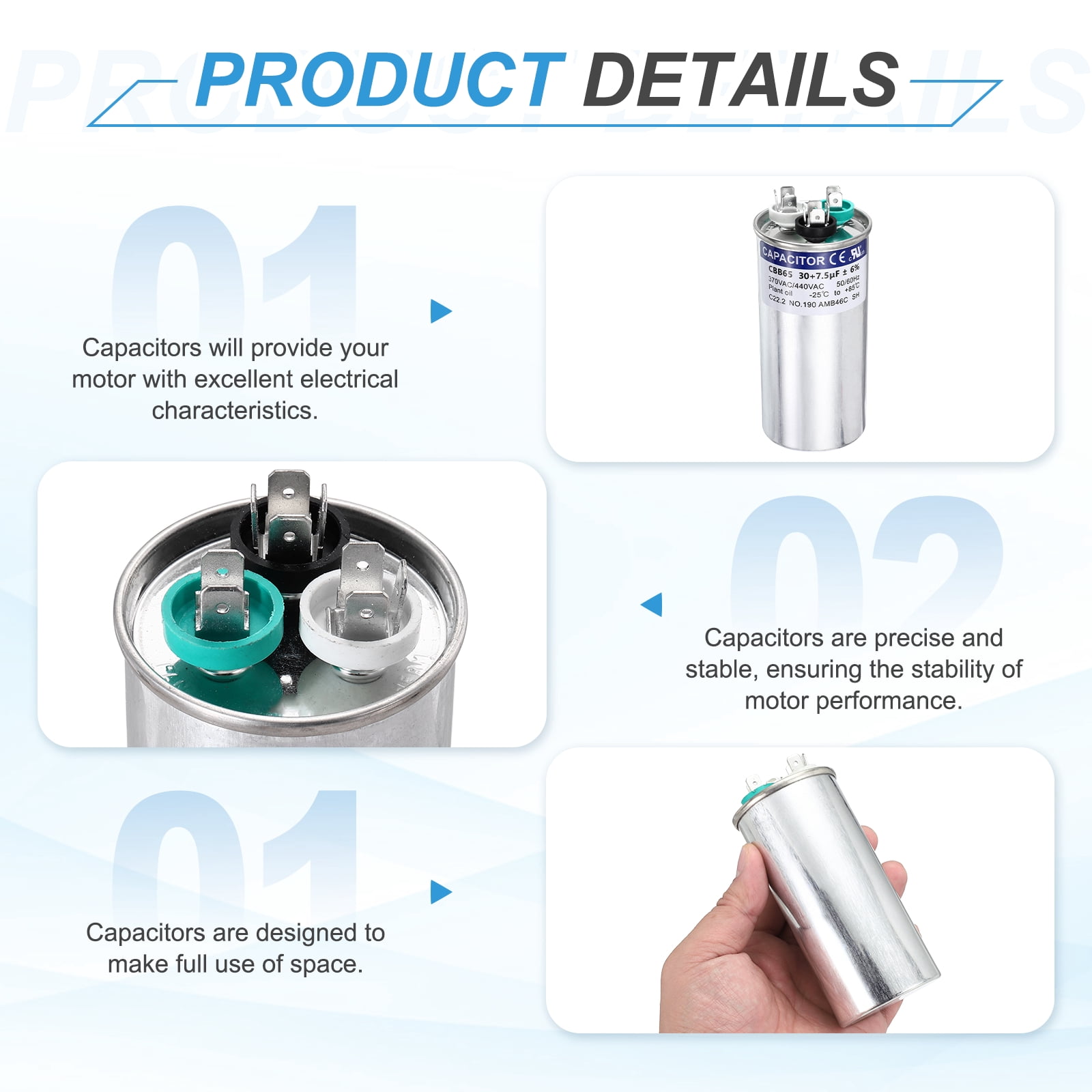 Uxcell 30+7.5 MFD CBB65 Run Start Capacitor 30+7.5 uF, 370/440V Round AC Capacitor for AC Motor Run, HVAC, Air Conditioner, Condenser Motors