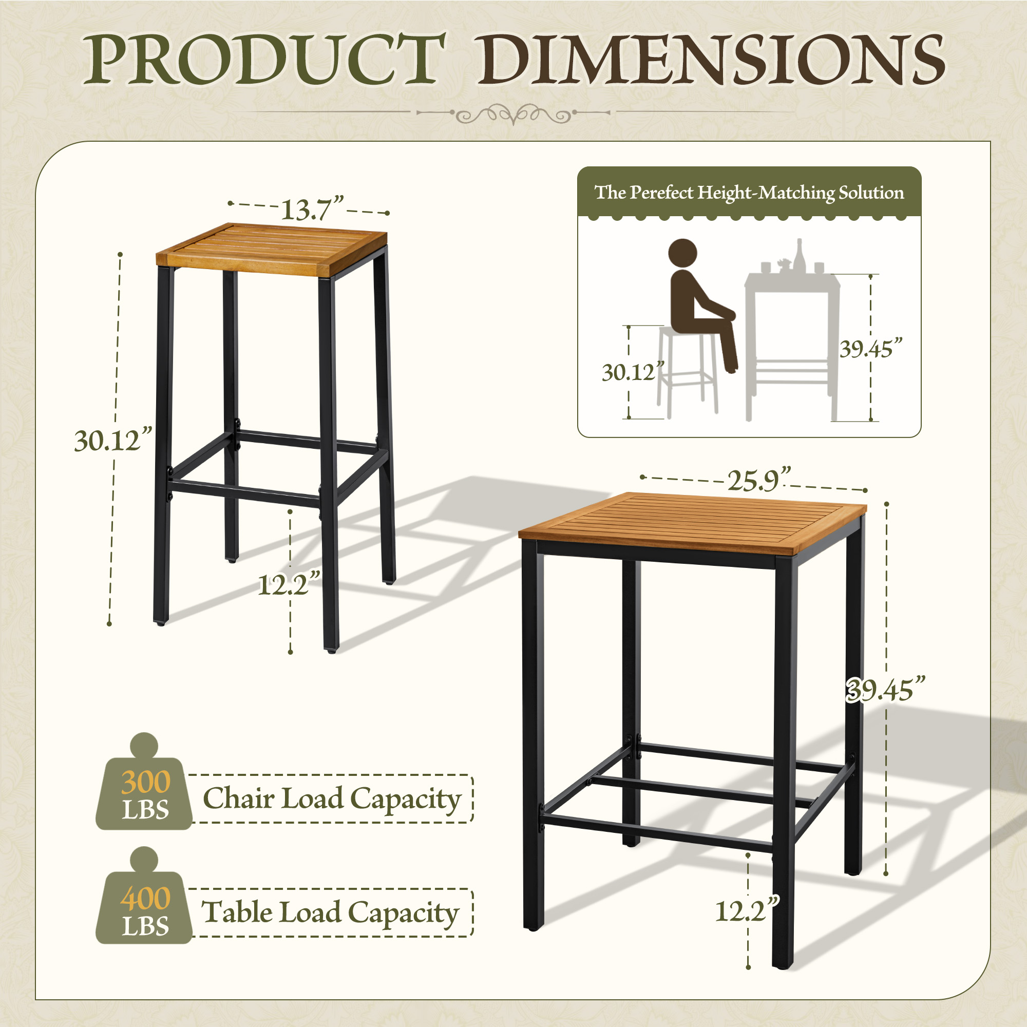 Devoko 3 Pieces Wood Patio Bar Set,Acacia Outdoor High Top Bar Stools with Table for Garden&Balcony