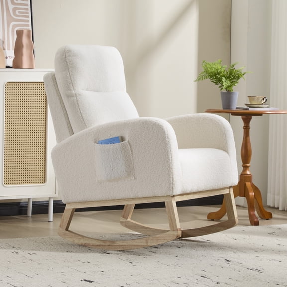 White Teddy Fabric Rocking Chair, 300 LBS Capacity Nursery Glider with High Backrest and Side Pocket, Solid Wood Legs Accent Armchair for Living Room Bedroom