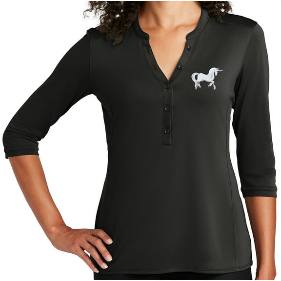 Women's White Unicorn 5-button 3/4 Sleeve Henley Shirt, Small Black