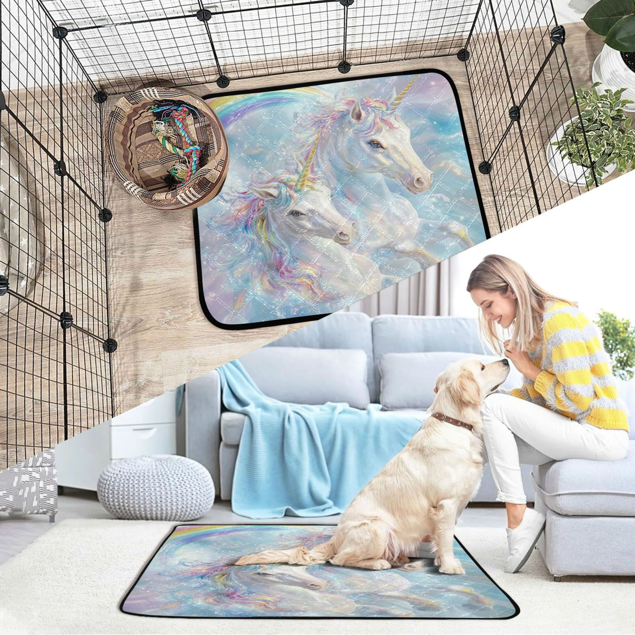 Qxltty Rainbow Unicorns Cat litter Pads Pet Set of 2 Diaper Mats Center Anti-leakage Layer Absorbent Soft and Comfortable