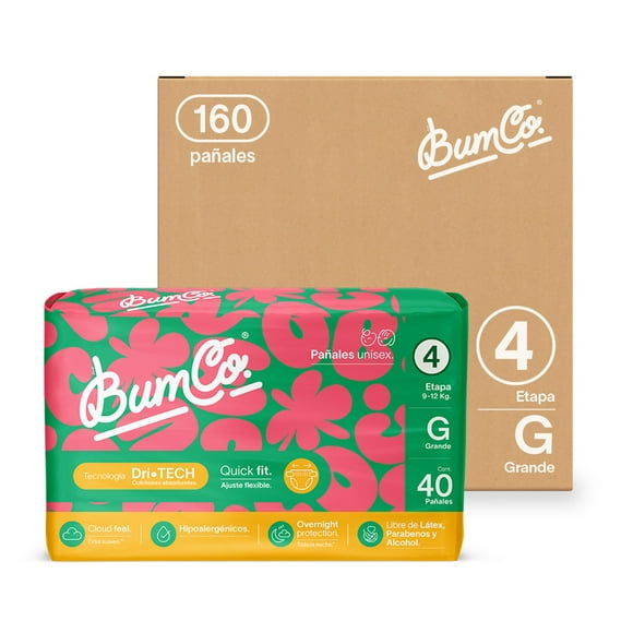 Bum Co.| Pañal desechable para bebé, Etapa 4, Grande (9 a 12 kg), Unisex, Caja con 160 pz | Overnight Protection, Cloud Feel, Hipoalergénicos, Dri-Tech